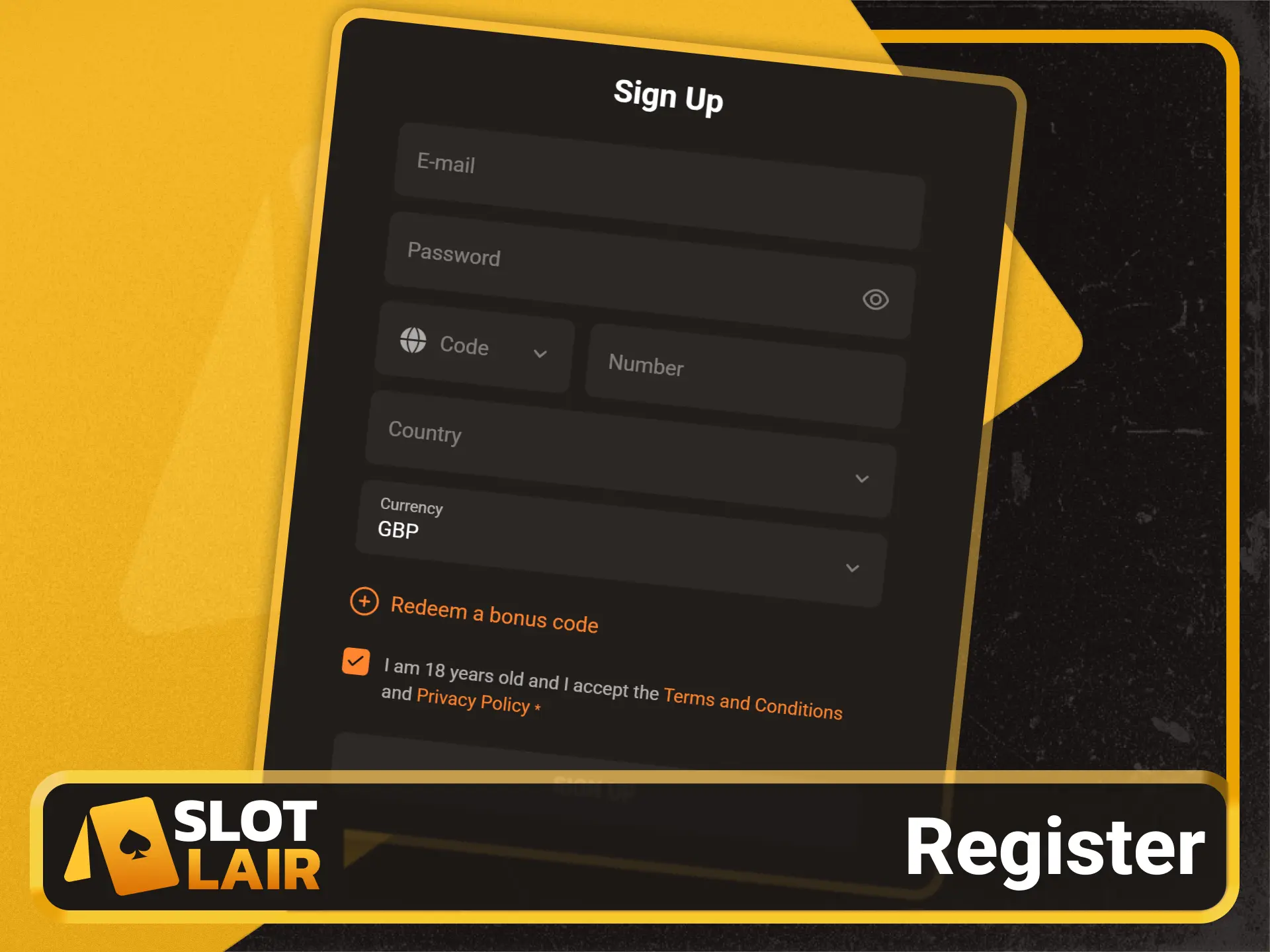 Open a new player account on the Slotlair.