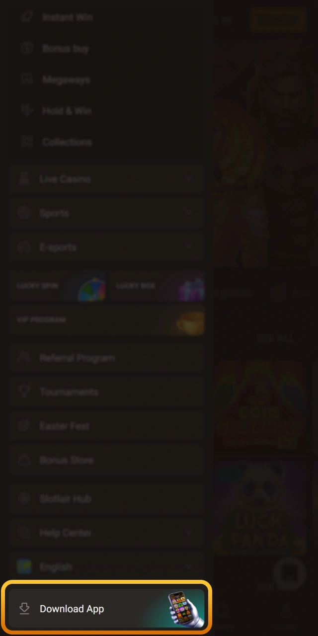 Select the APK download option from the Slotlair official menu.