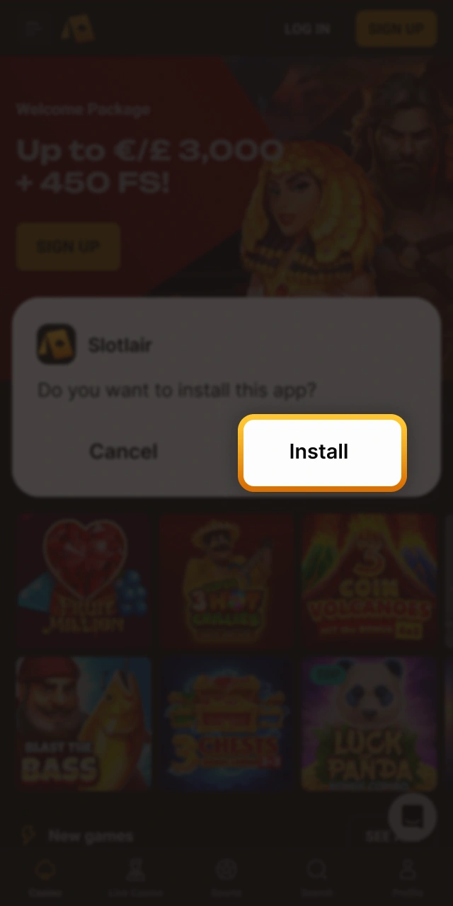 Complete the APK file installation for the Slotlair official platform.