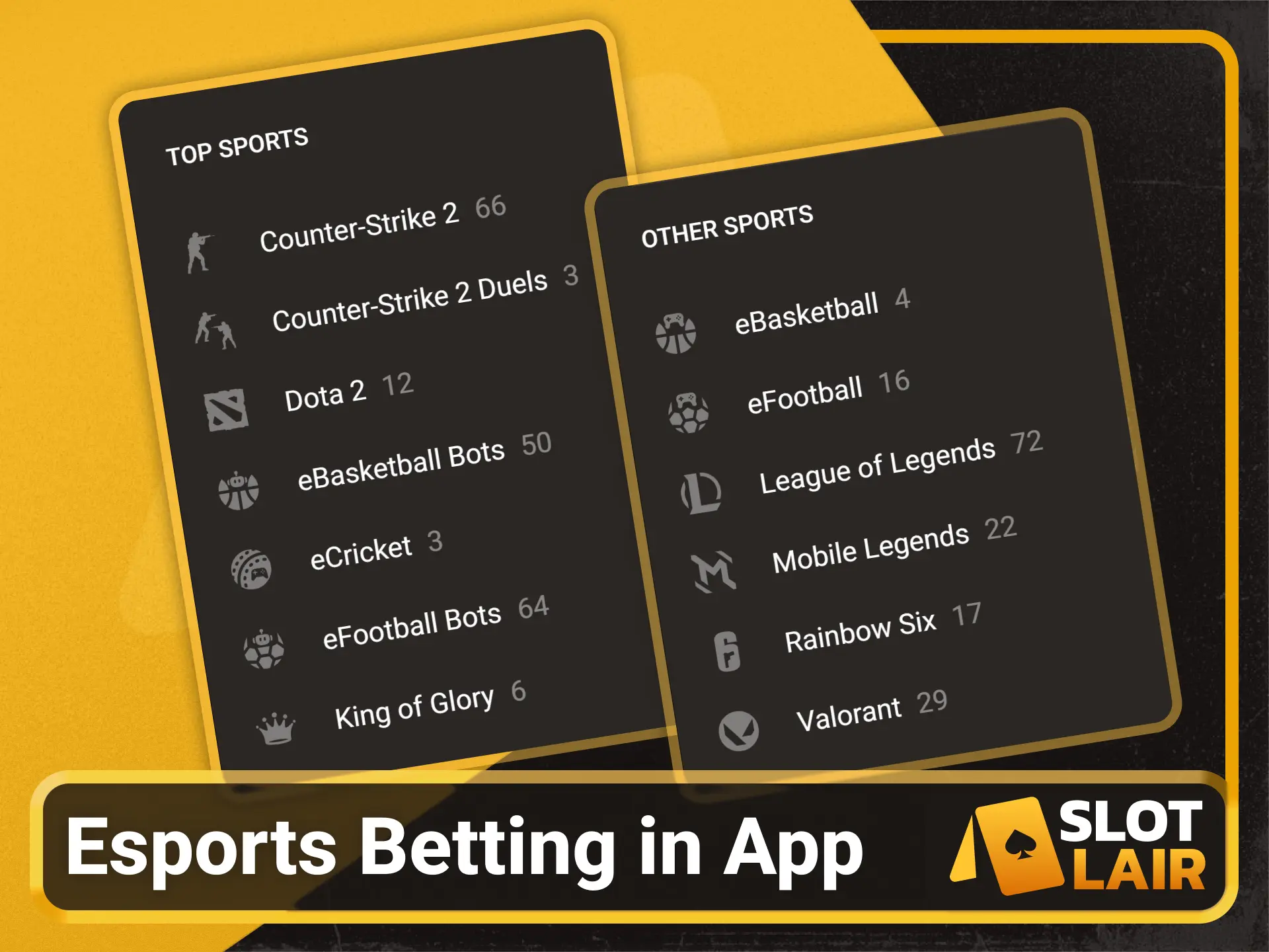 Bet on popular esports tournaments via the Slotlair official app.