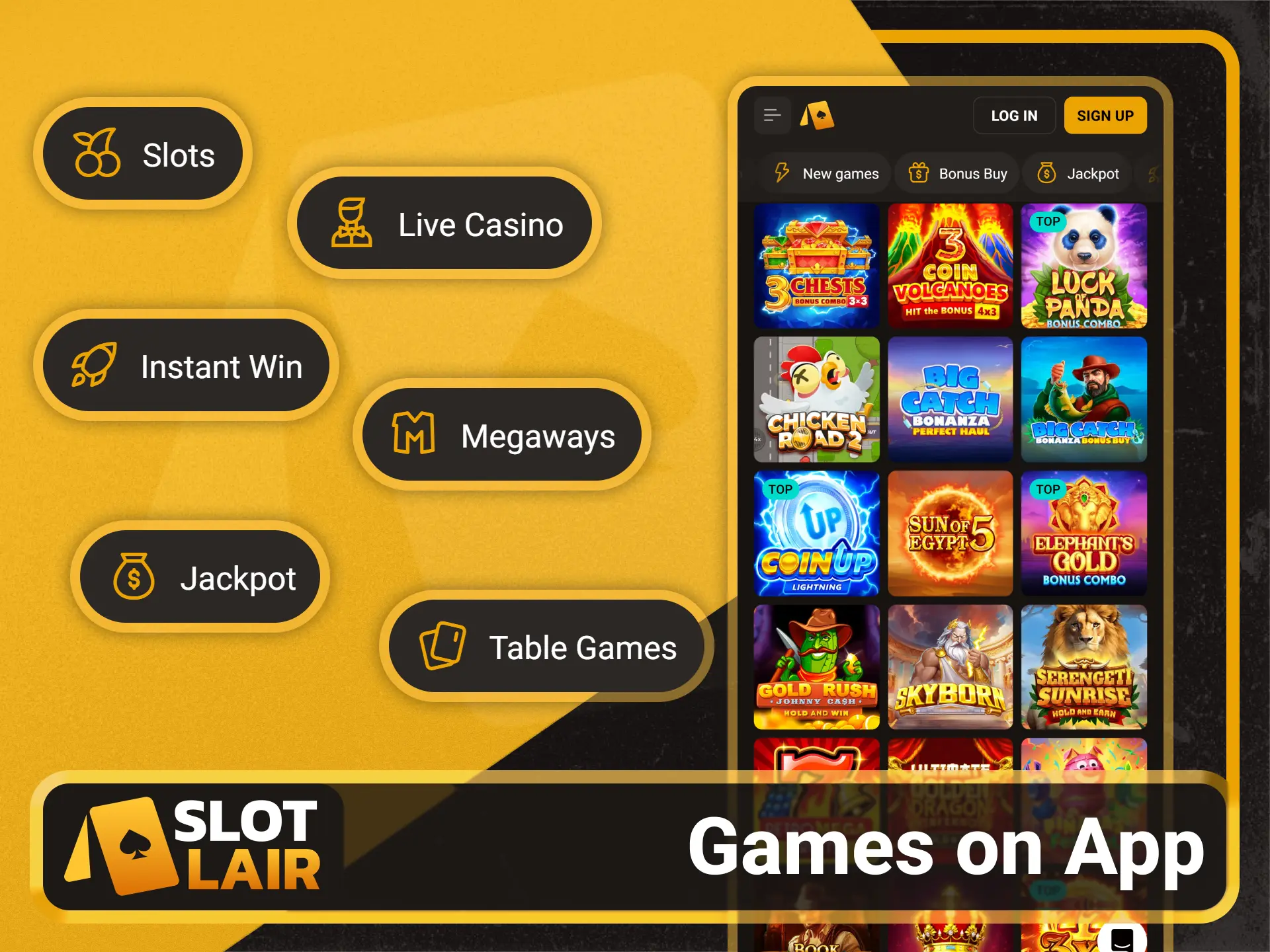 Play mobile casino game categories on the Slotlair official app.