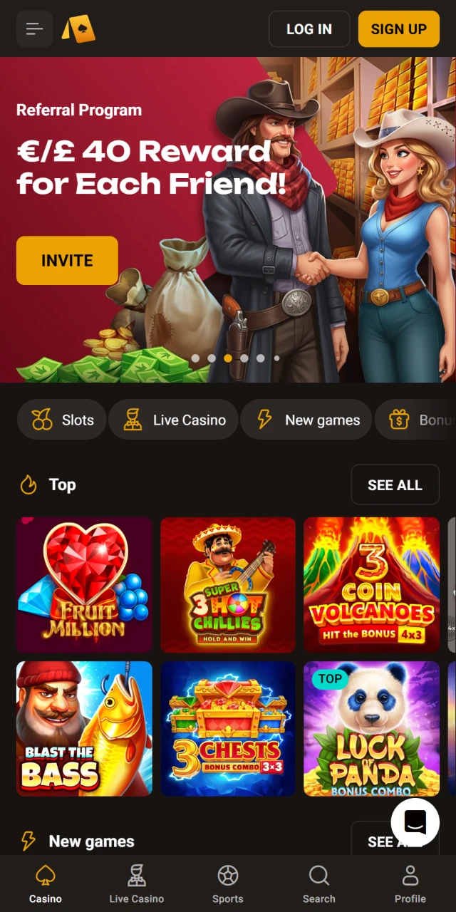 View the mobile casino home screen on Slotlair official app.