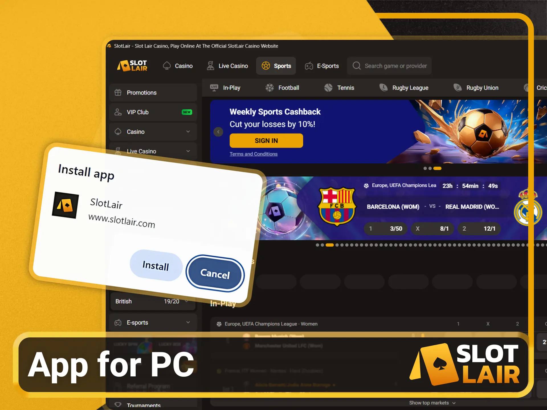 Install the desktop PWA from the Slotlair official gaming portal.