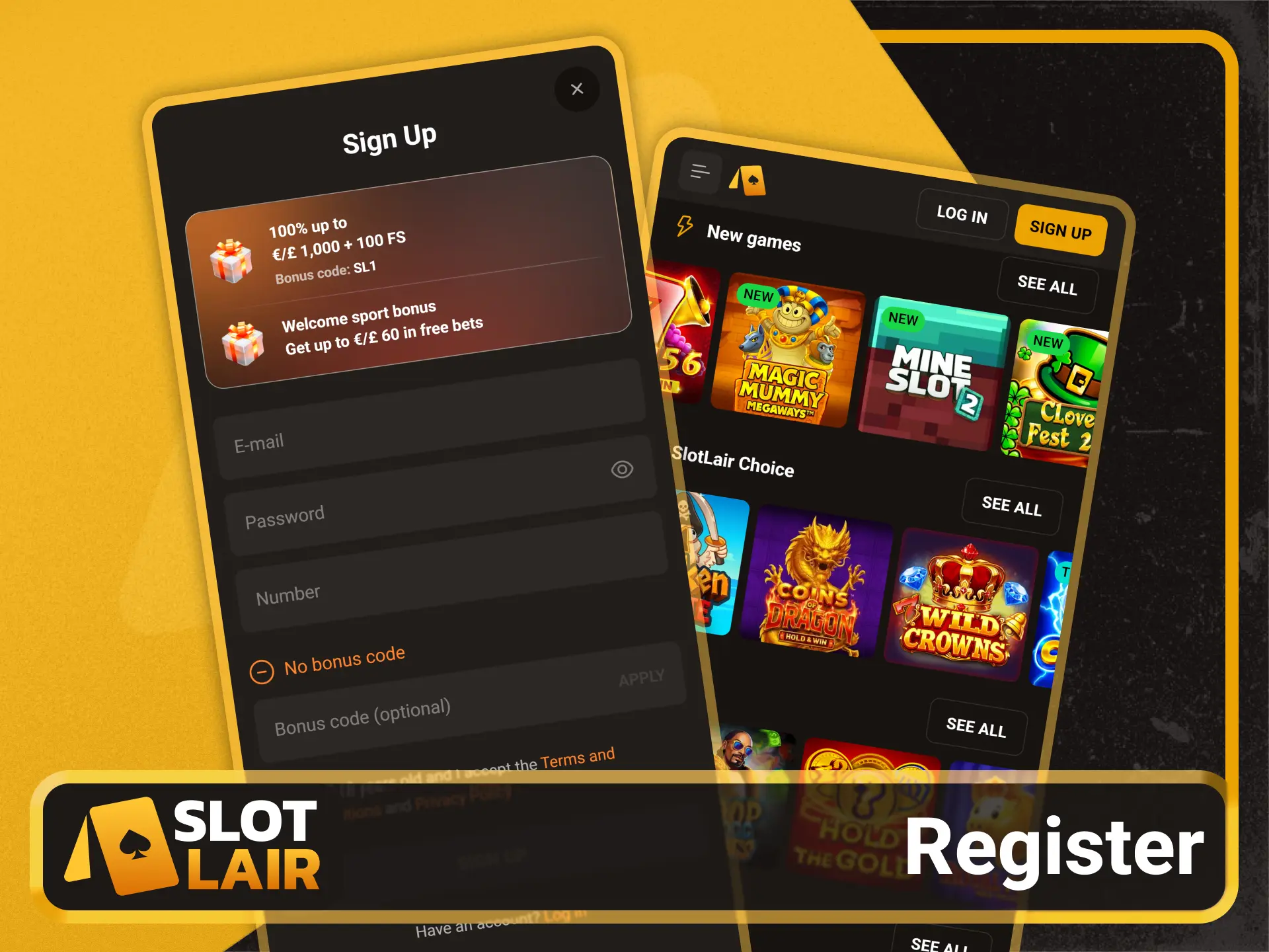 Register your new mobile account on the Slotlair official app.