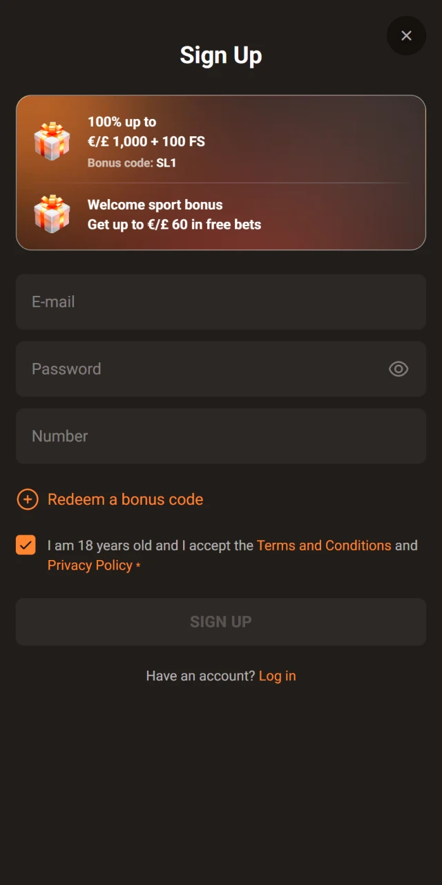 Open the mobile registration form on the Slotlair official app.