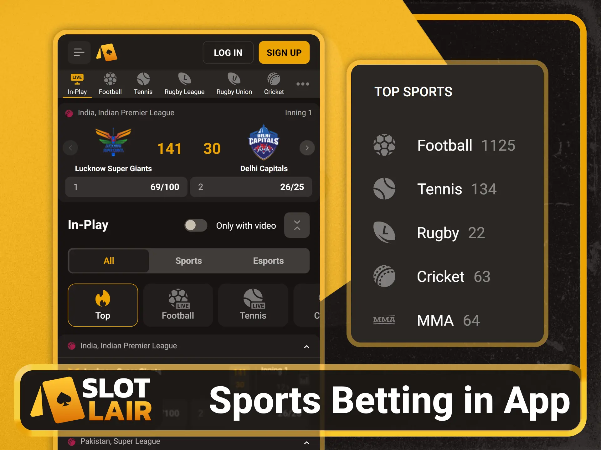 Explore various mobile sports markets on the Slotlair official app.