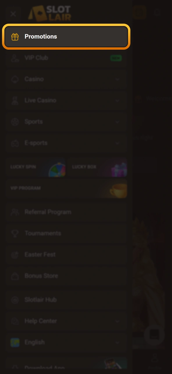 Open the active promotions tab on the Slotlair official platform.