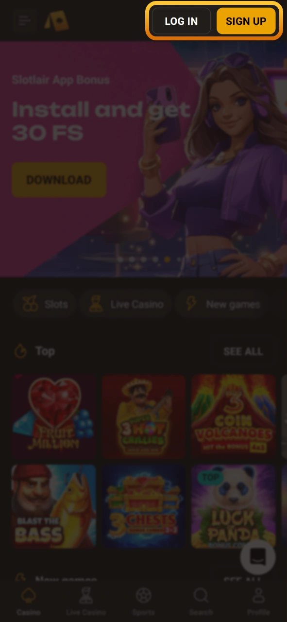 Create your new player account on the Slotlair official site.