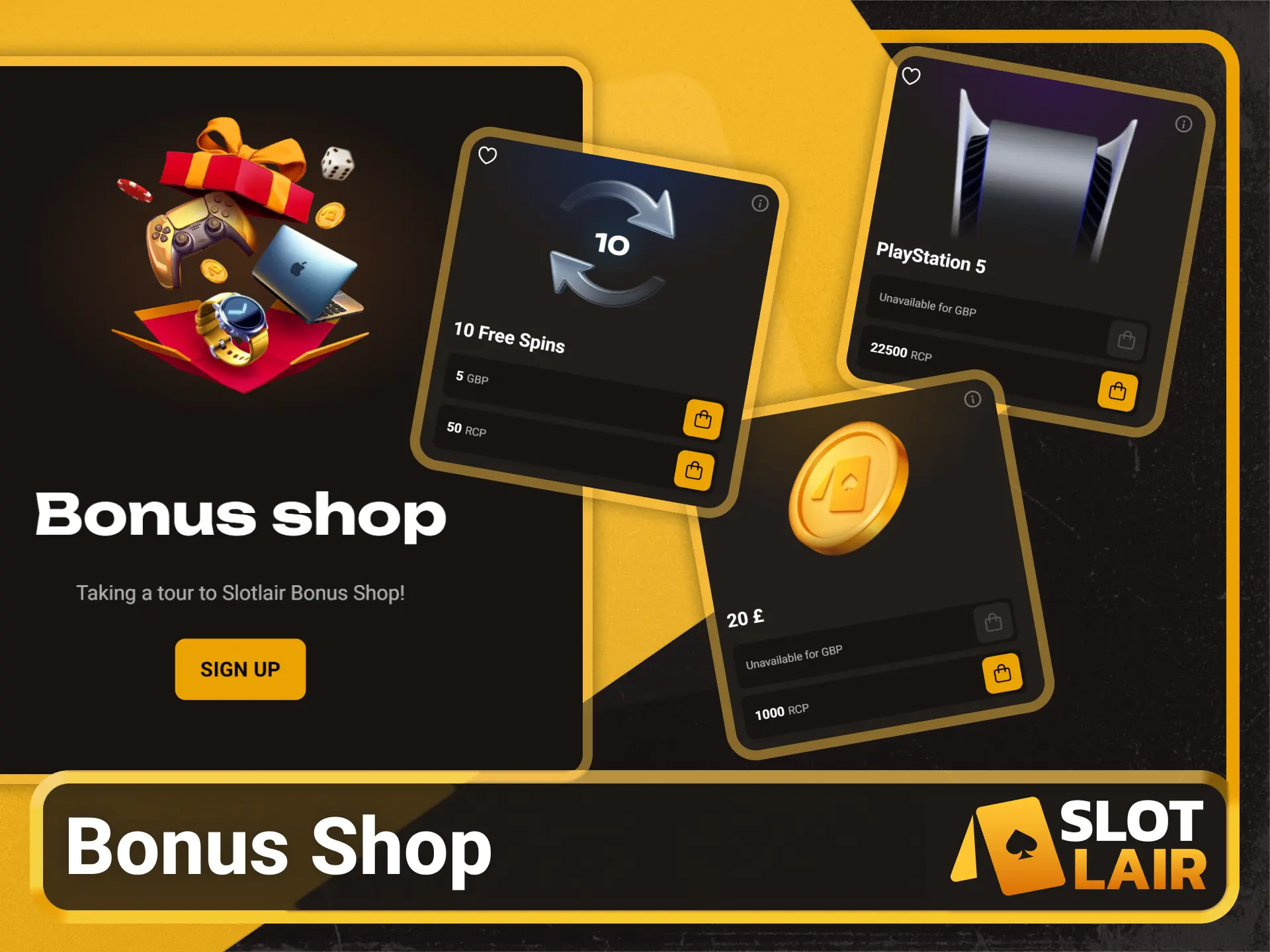Exchange points for promo codes at Slotlair official bonus shop.