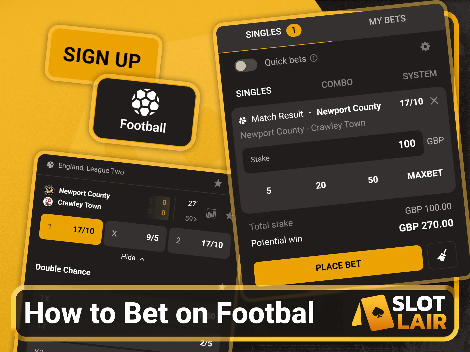 Follow the football betting steps on the Slotlair official site.
