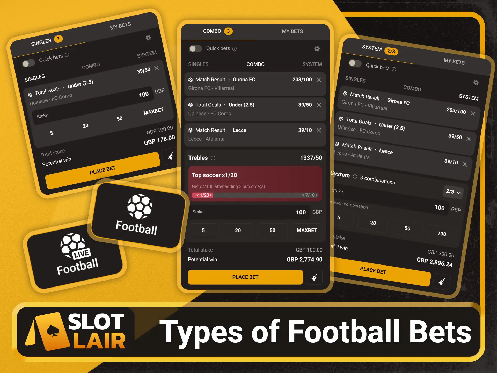 Choose various football bet types on the Slotlair official.