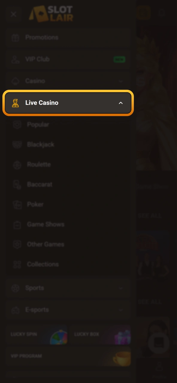 Navigate to the live dealer section on Slotlair official portal.