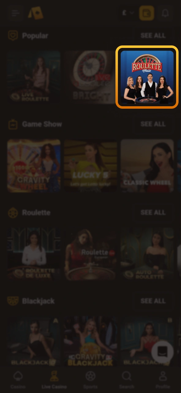 Choose your preferred live table on the Slotlair official hub.