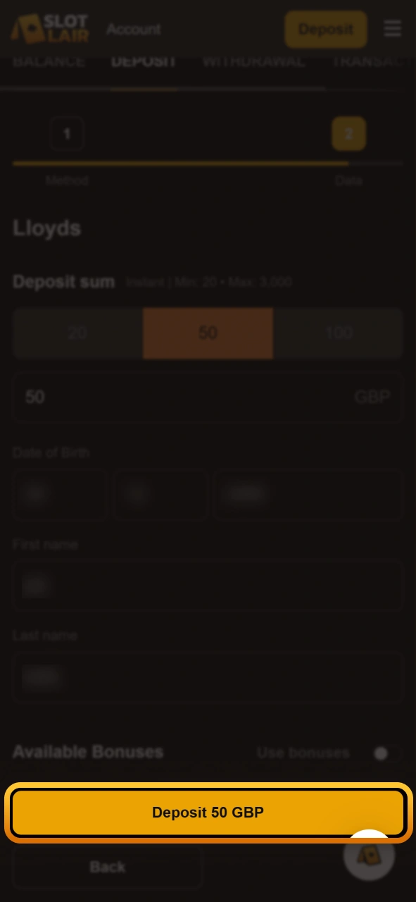 Confirm your deposit transaction details on the Slotlair official hub.