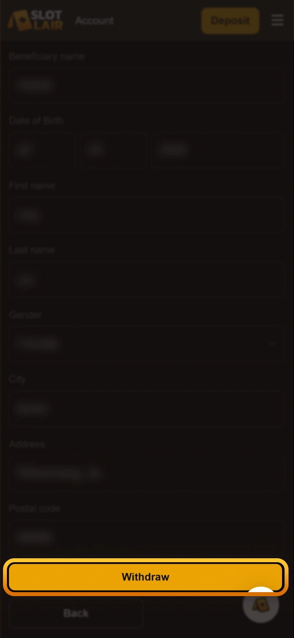 Submit your payout request form on the Slotlair officia.