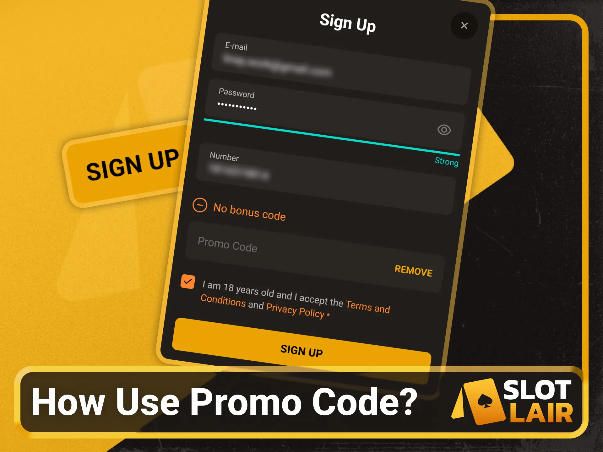 Apply your unique promo code on the Slotlair official platform.