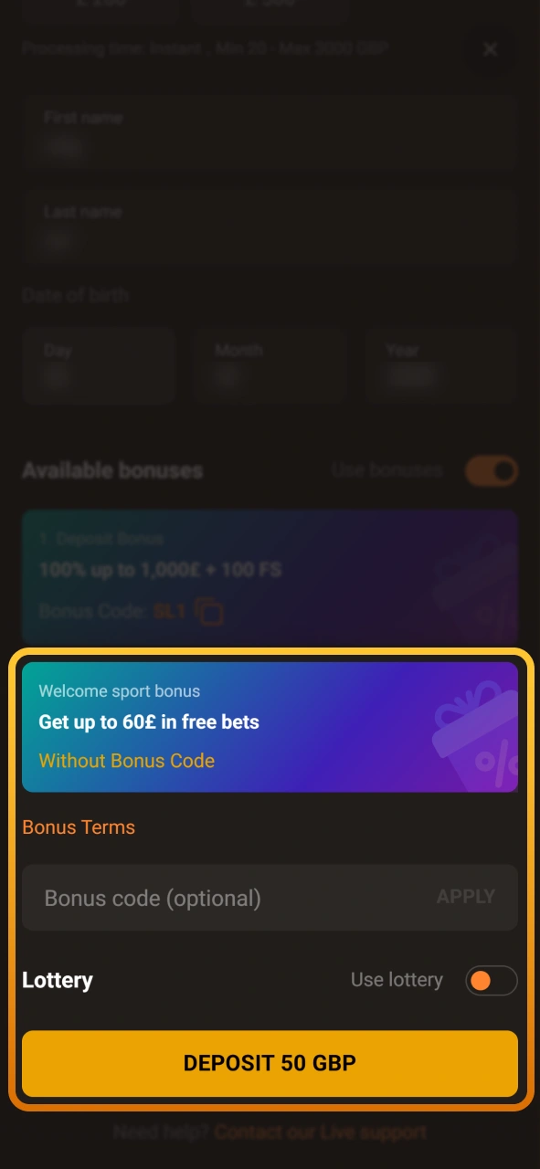 Fund your betting balance on the Slotlair official gaming platform.