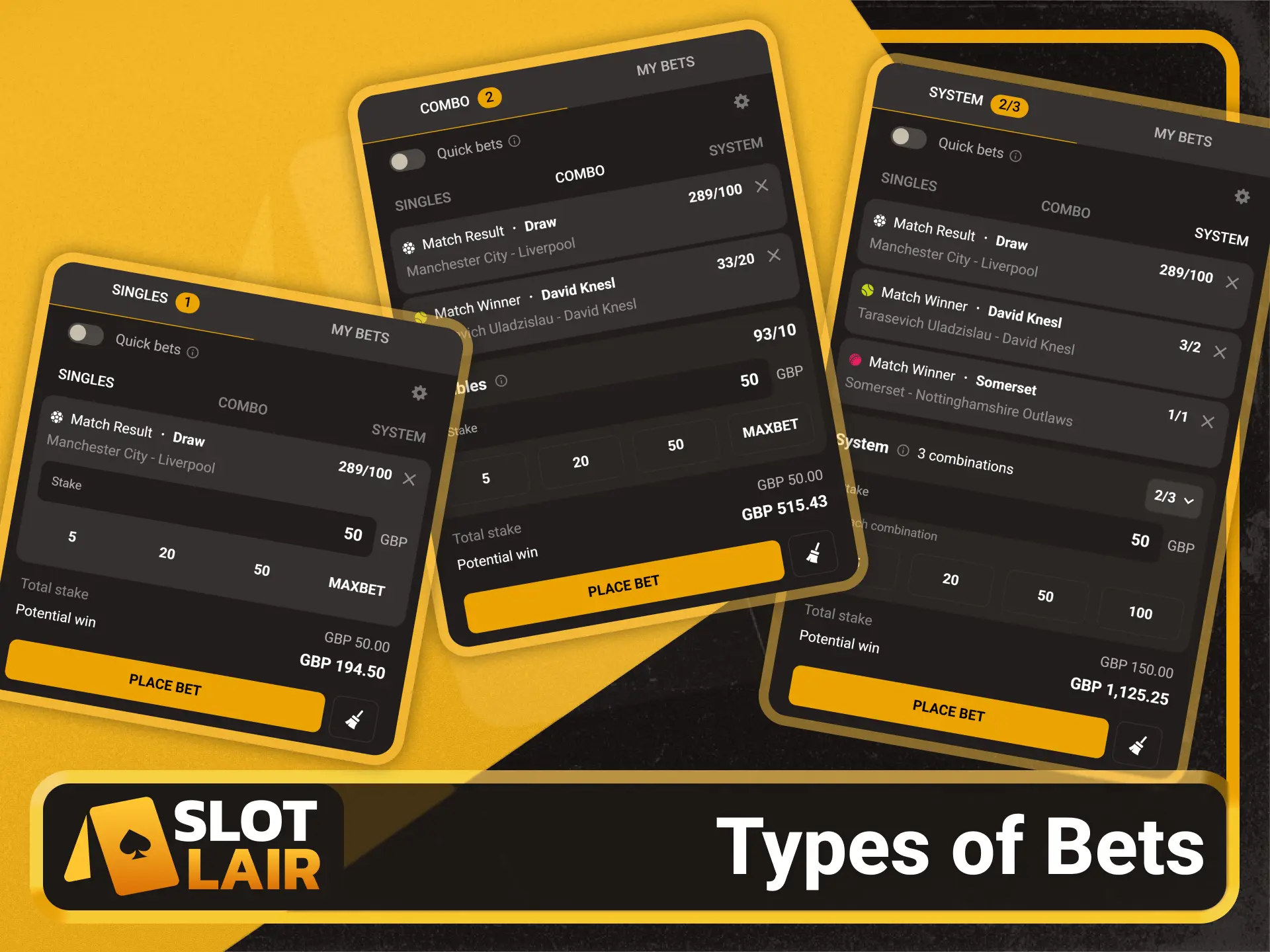 Choose single or combo bet types on the Slotlair official site.