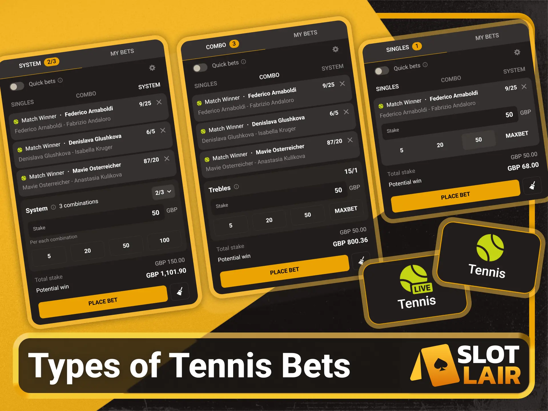 Choose single or combo tennis bets on Slotlair official hub.